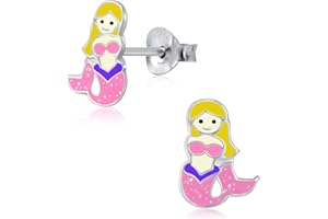 Laimons Pendientes para niña con diseño de sirena, 10 mm, color rosa, amarillo y lila, plata de ley 925