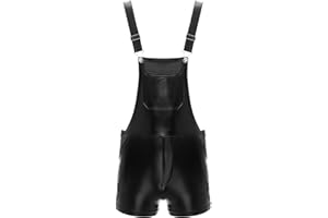 RUNQHUI Mens Metallic Dungaree Shiny Bib Overalls Suspender Straps Shorts for Nightclub Party Costume Clubwear
