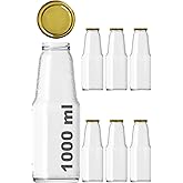 1000 ml Şeffaf Meyve Suyu Şişesi, Meşrubat, Limonata Şişesi Metal Kapaklı 1000 Cc Boş Cam Şişe (6, Altın Kapak, 1000, Mililit