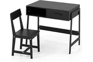 GYMAX Kids Desk and Chair Set, Children Writing Table with Drawer and Storage Hutch, Wooden Student Study Desk Set for Boys Girls, 85x48x70cm (Black)