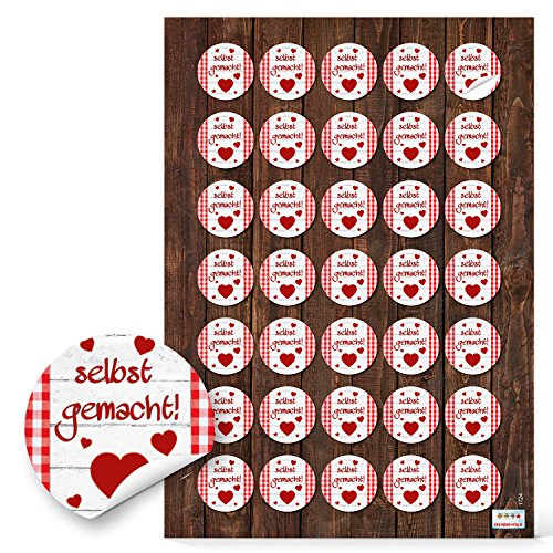 35 Aufkleber Sticker "selbstgemacht" für Geschenke, Verpackungen, Marmeladengläser, Selbst gemachtes, Basteln; rot mit Herzen; Dankeschön 3 cm rund