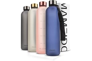 MAMEIDO Butelka na wodę 1 l Sapphire Blue - Plastikowa butelka na wodę z markerem czasu motywacyjnego, wolna od BPA - Wodoodporna butelka sportowa do gimnastyki, Detox