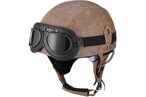 BDTOT Retro Motorrad Halbhelme Leder Halbhelm Deutscher Stil Roller Cruiser Chopper Anti-Collision Helm Abnehmbarer Gehörschutz mit Visier ECE Zertifiziert Roller-Helm Scooter Mofa-Helm, L=59~60cm