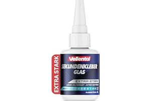 VELLENTAL Sekundenkleber Gel Glas extra stark - Glaskleber transparent wasserfest, hitzebeständig & mit Nadel Verschluss gegen Austrocknung - Glas Kleber zum Verkleben von Glas & Acrylglas aller Art
