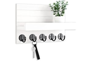 Lwenki Key Holder for Wall, Decorative Key and Mail Holder with Shelf Has Large Key Hooks for Bags, Coats, Umbrella – Paulownia Wood Key Hanger with Mounting Hardware (9.8”W x 6.7”H x 4.2”D) (White)