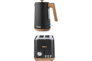Salter Toronto Kettle & 2-Slice Toaster Set - 1.7L 3KW Rapid Boil Cordless Kettle with Boil Dry Protection, 815W Wide Slot Toaster with 6 Browning Levels & Defrost/Reheat/Cancel, Matte Black