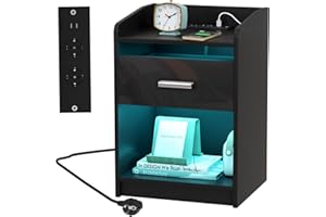 Lvhecforhm Comodino con Stazione di Ricarica, 2 Prese CA, 2 Porte USB, Comodino con illuminazione LED, Comodini Camera da Letto Nero, 40x35x58cm Tavolino in Stile, Tavolo da Comodino Intelligente