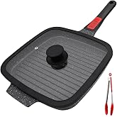 Grill with Stripes with Lid, 26 x 24 cm Frying Pan, Black | Cast Aluminium Grill Pan with Removable Handle, Non-Stick Coating