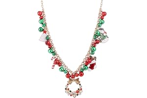 Mikovivi Christmas Jingle Bell Necklace, Bow Wreath Pendant Necklace Holiday Jewelry Charms Statement Collar Necklace Xmas Gift for Women