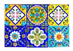 SHIV KRIPA Blue Pottery Home Decorative Home, Apartment, Flat,Hotel, Ceramics Mosaic Wall Kitchen Washroom Tiles, High Lighter Tiles 3 x 3 Inch 6 Set of Tiles (Multicolor)