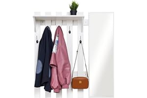 Meerveil Wandgarderobe mit Spiegel, Holz Garderobe mit 5 Haken Ablage Industriestil für Flur Eingangsbereich, 100 x 22 x 106 cm, Weiß