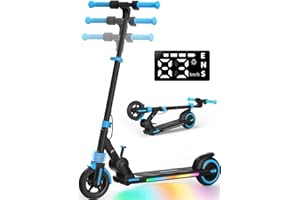 ISCOOTER Patinete eléctrico para niños de 6-10-14 con batería de 5 Ah, neumáticos de 6,5 Pulgadas, Alcance de 15 km, indicador LED, Motor de 150 W con Luces LED de Colores, 4 Alturas Ajustables, Regalo para
