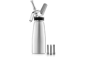 FINEDINE Professional Whipped Cream Dispenser - Highly Durable Aluminum Cream Whipper, 3 Various Stainless Culinary Decorating Nozzles and 1 Brush - Whip Cream Canister with Recipe Guide - Homemade Cream Maker