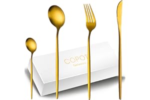 COPOTI Set Posate Oro Opaco, 24 PCS Spazzolato Coltelli e Forchetta Cucchiaio Set Di Per 6 Persone,Lavabili in Lavastoviglie.