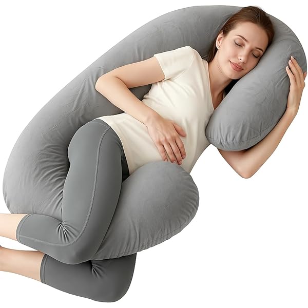 Momcozy F-Shaped Pregnancy Pillow – Full Body Support With Adjustable Belly Wedge (Grey)