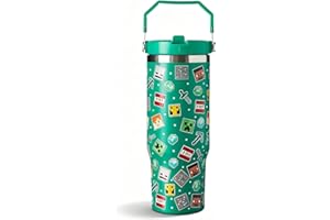 HOX Minecraft 900ml Thermal Travel Mug Water Bottle Tumbler - Leakproof Straw & Lid - Stainless Steel Vacuum Insulated | Cold for 17Hrs - Hot for 5Hrs, Green