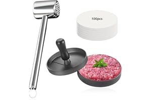 zhongko Burger Press & Meat Tenderizer Hammer With100 Wax Paper Non-Stick Meat Patty Hamburger Maker, Hammer Stainless Steel Steak Metal for BBQ, Baking, Chicken, Beef Burger Tool