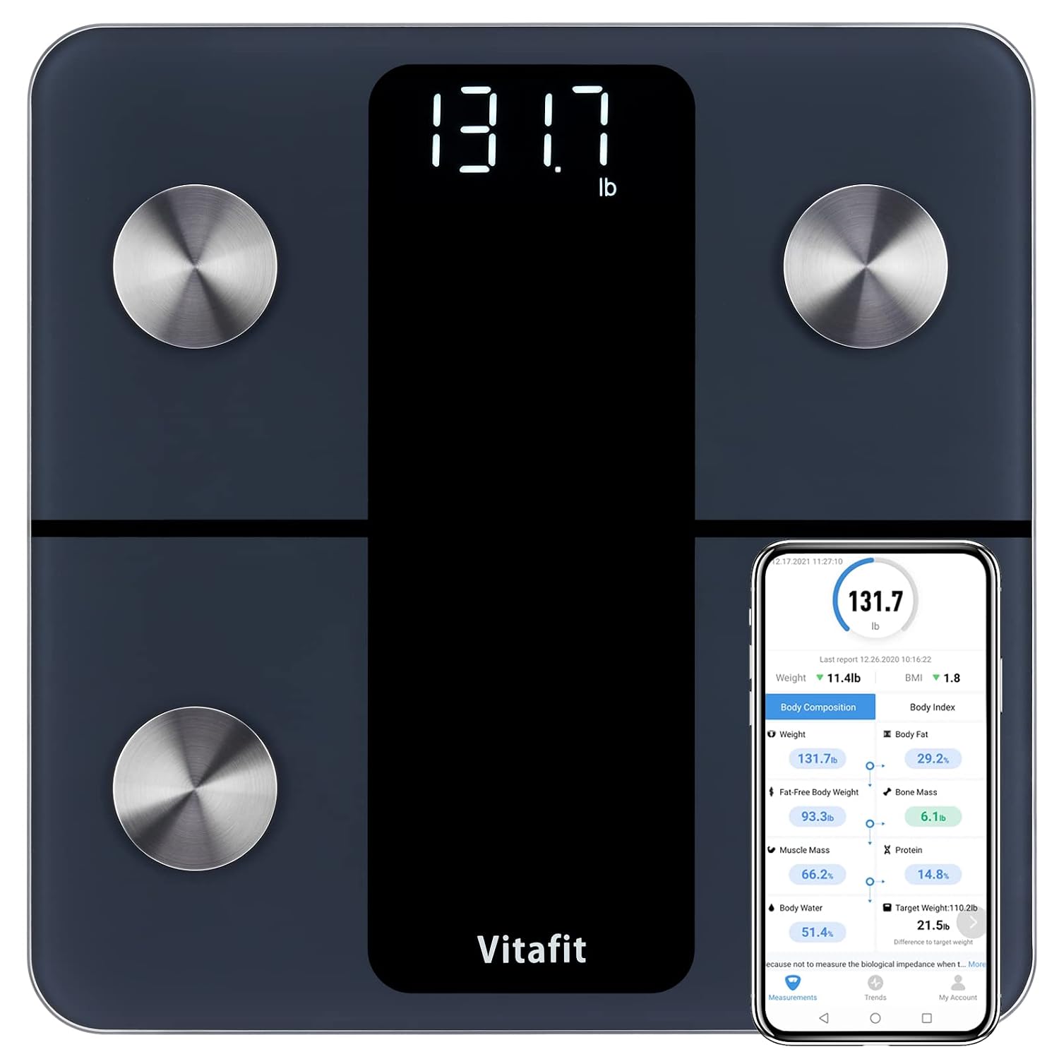 Vitafit Personenweegschaal, nauwkeurigheid 0,05 kg, door onze professionele fabriek sinds 2001, slimme weegschaal app met 13 lichaamsgegevens (BMI/lichaamsvet/BMR), 182 kg, LED, zwart