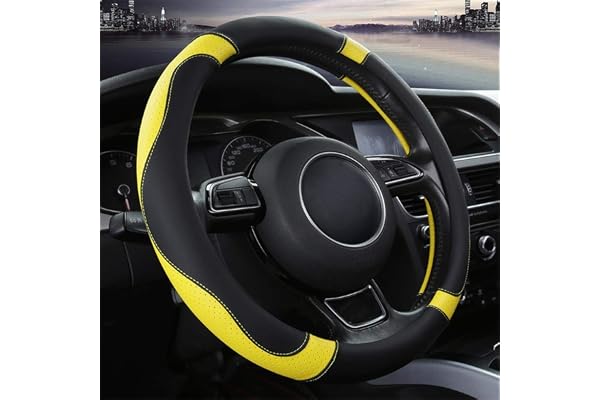 Couverture de Volant de Voiture Universelle Housse de Volant en Cuir véritable Robuste Housse de Volant en Cuir véritable 37-38CM / 15 `` Housse de Volant antidérapante Protecteur de Volant (Jaune)