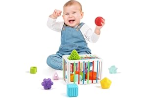 jenilily Baby Shape Sorting Toy, Cube with 14PCS Sensory Shape Blocks, Sensory Bin Shape Sorter Toys Early Learning Education Toys for Toddlers Babies Gifts