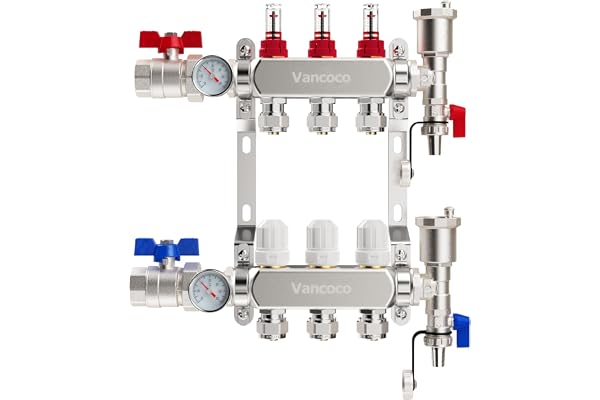 VANCOCO Collecteur Plancher Chauffage Acier Inoxydable 3 Circuits Chauffage au Sol,Raccord Eurokonus 16 × 2 mm,Débitmètre 5 L/min,Vannes à Bille 1",Kit de Purge Rapide