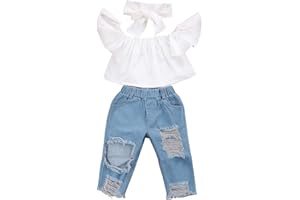Carolilly 2/3 Pcs Ensemble de Vêtement Enfant Fille Outfit Tenue d'Été T-Shirt Blouse en Dentelle Manche Courte à Volant + Pantalon en Denim Tenue pour Fille 1-7 Ans