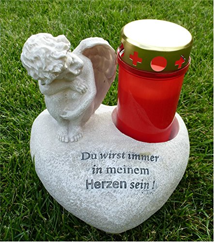 Engel sitzend auf Herz / Grabschmuck Grabdeko *für Grabkerze* grau-antik 16 cm - 2