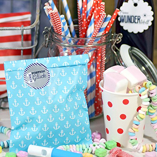 25 Frau Wundervoll Papiertüten / Geschenktüten / Candy Paper Bags – beachblau mit weißen Ankern – - 5