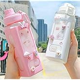 VARENYYA Kawaii Water Bottle with Straw Cute Large Bottles Stickers Aesthetic Leakproof Square Drinking (700ml / 1pcs) (Pink)