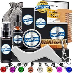 Kit Soins Barbe Hommes Complet Croissance,Entretien,Toilettage et Coupe -Shampoing Barbe,Huile Barbe,Baume Barbe,Brosse Barbe,Peigne Barbe,Ciseaux Barbe,Gabarit Barbe Coffret Idees Cadeau pour Homm