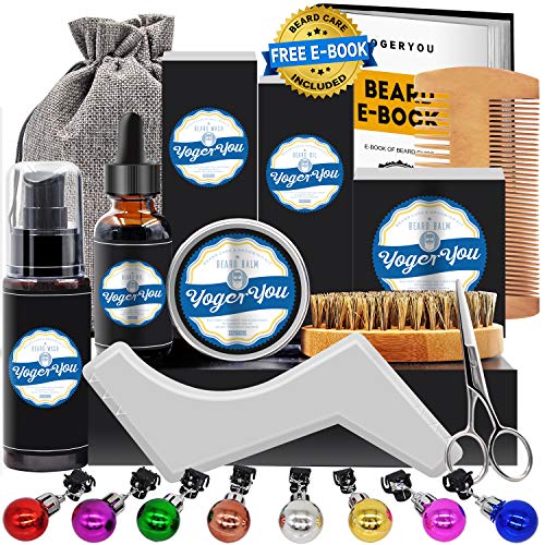 Kit Soins Barbe Hommes Complet Croissance,Entretien,Toilettage et Coupe -Shampoing Barbe,Huile Barbe,Baume Barbe,Brosse Barbe,Peigne Barbe,Ciseaux Barbe,Gabarit Barbe Coffret Idees Cadeau pour Homm