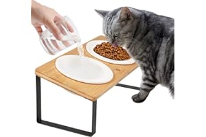 GUUSII HOME Gamelle Chat Surélevée Anti Vomissement 15° Incliné Gamelle pour Chats Interieur Support de Bol Nourriture pour Chaton avec 2 Bols Ceramique de 14cm de Diamètre (Couleur Bois)