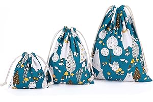 Amoyie 3 pz Sacchetto Coulisse Cotone, Sacca Asilo Tessuto, Piccolo Borsa per giocattoli/vestiti/scarpe, Sacchetti da Viaggio, Set Organizer per Valigia Bambini, Blu Orso