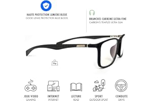 LUSEE CARBONE - Lunettes gaming Anti Lumière Bleue - Protégez Vos Yeux des Ecrans (Gaming PC Mobile TV) - Lunettes Gamer et Travail, Lunettes Anti lumière bleue Anti Stress Anti Fatigue Anti UV