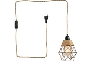 minifair Rattan-Pendelleuchte, Hängelampe mit Stecker und 4,5 m Kabel, Vintage-Lampenschirm mit Hanfseil, E27-Halterungs-Kit für Küche, Balkon, Gang