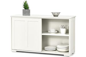 GIANTEX Credenze a 3 Ripiani, Mensola Regolabile, 2 Porte Scorrevoli, Ampio Spazio di Stoccaggio, Ideale per Sala da Pranzo, Cucina, Soggiorno, 106,5x33x60 cm, 3 Colori (Bianco)