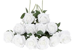 Laelfe 12 Pcs Rosas Blancas Artificiales, Rosas Artificiales de Tallo único, Flores Artificiales Realistas para Decoración de Bodas, Aniversario, Decoración del Hogar, Jardín, Hoteles (PWhite-G)