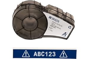 Brady Ruban d’étiquettes vinyles étiqueteuses M211 et M210 - Étiquettes imprimables vinyles adhésives - Étiquettes industrielles câbles/noms - Blanc sur bleu (12.70mm x 6.40m) - M21-500-595-BL