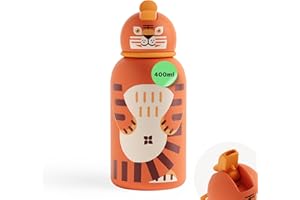 WATERDROP MICRODRINK waterdrop® Borraccia Termica Bambini 400ml – Acciaio Inox Isolata, Antigoccia, BPA-Free, con Cannuccia, con Disegni di Animali, Perfetta per Scuola, Asilo e Attività All’Aperto