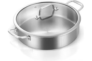 DELARLOCHEF Padella per stufare 28 cm, bordo alto: padella a tre strati in acciaio inox con coperchio, Tri-ply Stainless Steel Saute Pan,Double Ear,Deep and Large Frying Pan