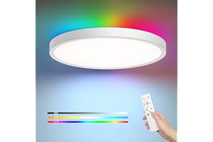 EDISHINE Lampa sufitowa LED, ściemniana, płaska lampa sufitowa do salonu, 24 W + 4 W, zmiana kolorów RGB, z pilotem zdalnego sterowania, 2160 lm, ciepła biel / neutralna biel, zimna biel, dekoracja bożonarodzeniowa, do sypialni, pokoju dziecięcego, biała