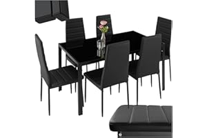 TecTake® Conjunto de Mesa y 6 Sillas de Comedor, Atractivo Diseño, Alto Confort, Tablero de Vidrio, Sillas Comedor Modernas, Sillas de Cocina, Muebles Salon Modernos - Negro/Negro