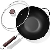 Jobin 32 cm/12.6-inch Wok Non Stick with Lid, Pre-Seasoned Chinese Carbon Steel Wok with Pouring Spout and Steel Helper Handl
