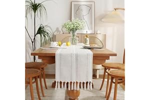 Wracra Camino de Mesa de Algodón con Tejido Calado, Estilo Campesino Marfil Camino de Mesa de 120cm de Largo con Borlas para Decoración de Mesas de Comedor, Cocina y Postres (Marfil, 120cm)