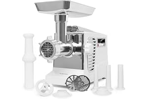 Klarstein Kraftprotz Picadora - Picadora de carne eléctrica, 700 W de potencia, 2 velocidades, Marcha atrás, Cuchilla de acero inoxidable, Gran bandeja de aluminio, Set de accesorios, Blanco