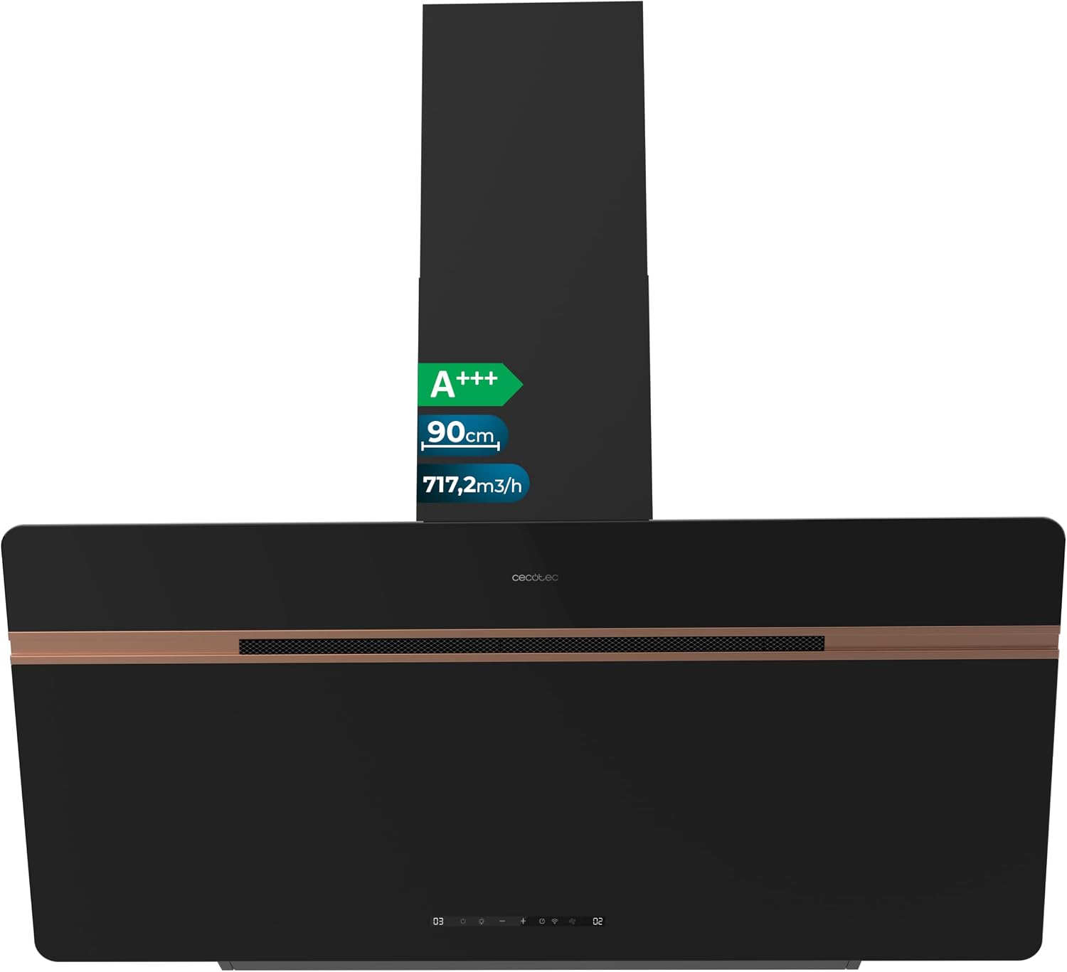 Cecotec Bolero Flux DT 907500 Matt Black A+++ Decorative Cooker Hood 90 cm Matt and Glossy Glass with Copper Details, Suction 717.2 m³/h, Booster Function, Aluminium Filters, Class A+++
