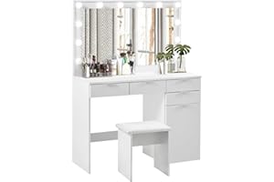 ‎CLIPOP CLIPOP Schminktisch mit LED Beleuchtung und Hocker Frisiertisch mit Großer Spiegel,4 Schubladen und Kabinett Modern Schlafzimmer Make up 3 Farben mit Einstellbarer Helligkeit Schreibtisch Weiß