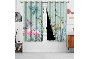 Gardinen Wald, Uiiooazy Vorhänge Palmenblätter Tropische Pflanzen Flamingo Thermovorhang Blickdicht Polyester Vorhang Verdunkelungsvorhänge mit Ösen für Schlafzimmer Wohnzimmer Kinderzimmer, 140x145cm