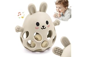 AITUITUI Forma de Conejito Alivio de la Dentición Mordedor Juguetes para Bebés, Mordedor Bebé Seguro, Blandito y de Fácil Agarre Silicona Alimenticia Juguetes para 3 6 9 12 24 Meses Niño Niña Autismo, Beige