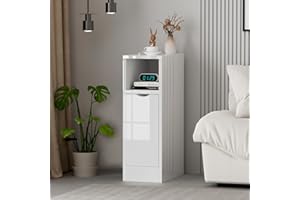 Pantanal Slim Bedside Table Bedroom Nightstand, Narrow EndTable Sofa Side Table with Drawer Open Shelf for Living Room, Space Saving Lamp Desk for Home Office (High Gloss White with Door)